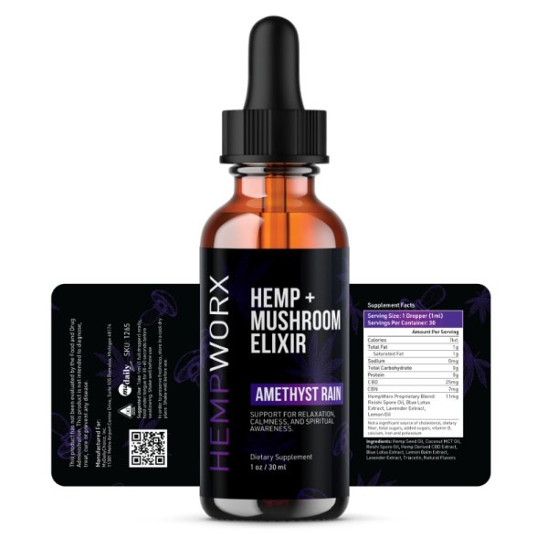HempWorx Hemp + Mushroom Elixir Amethyst rain label