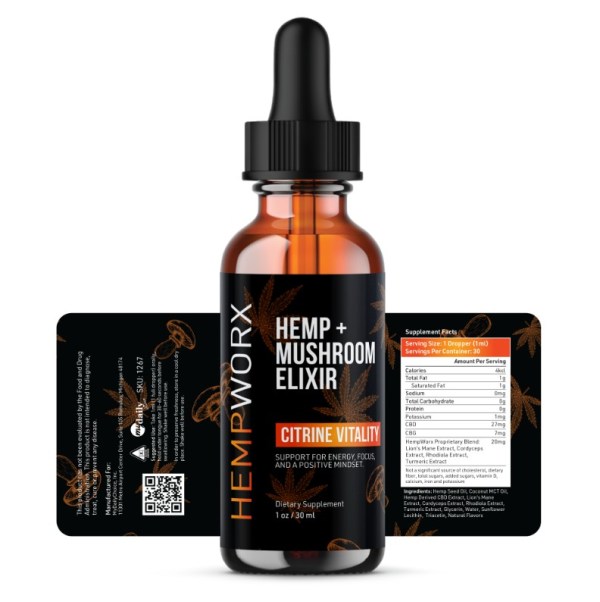 HempWorx Hemp + Mushroom Elixir citrine vitality cbd label